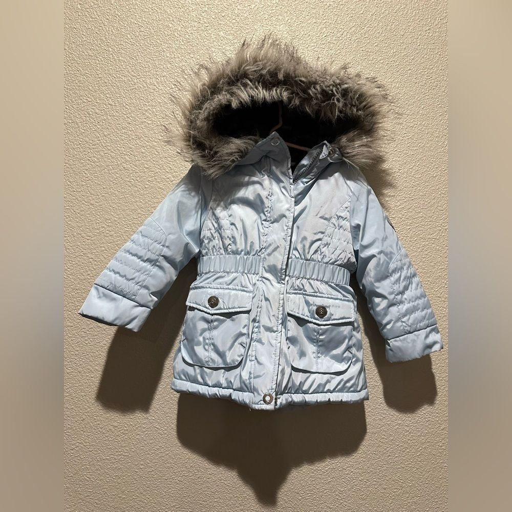 NWOT Jessica Simpson Baby Blue Girl Puffer Jacket with Faux Fur Hood Size 3T